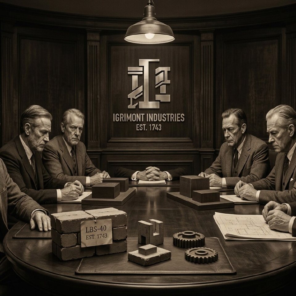 Five directors seated around a boardroom table with bricks and blueprints on it, under the company logo.