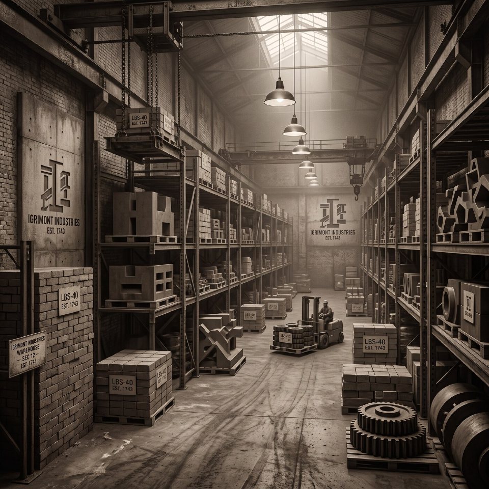 A long warehouse aisle with high racking, pallets of labelled crates and a forklift.